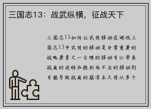 三国志13：战武纵横，征战天下